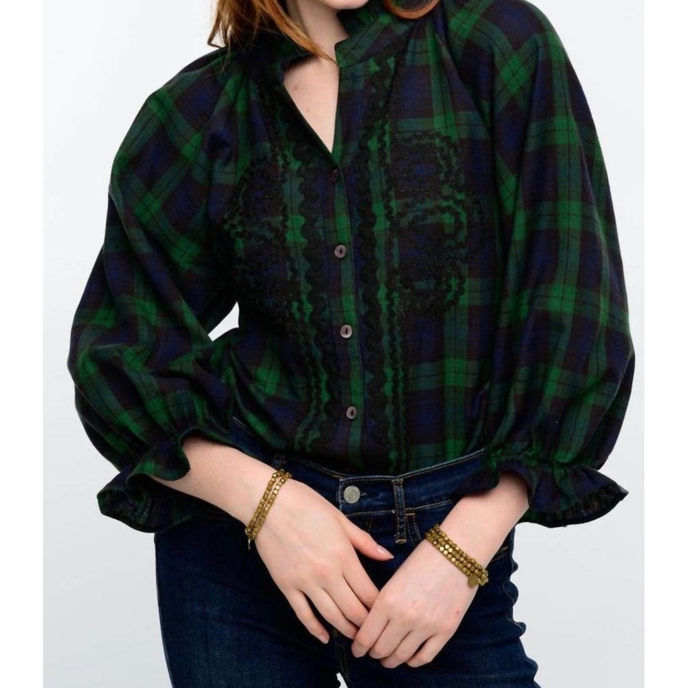 Sister Mary Rosa Plaid Trimmed Shirt Green Navy Ruffled Collar RicRac Size Small - Picture 1 of 12